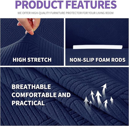 ZNSAYOTX Super Stretch Loveseat Covers (57"-70"), New Striped Love Seat Slipcover, Dogs Pet Friendly Anti-Slip Couch Protector Spandex Durable 2 Seater Fabric Sofa Cover (Navy Blue, Loveseat)