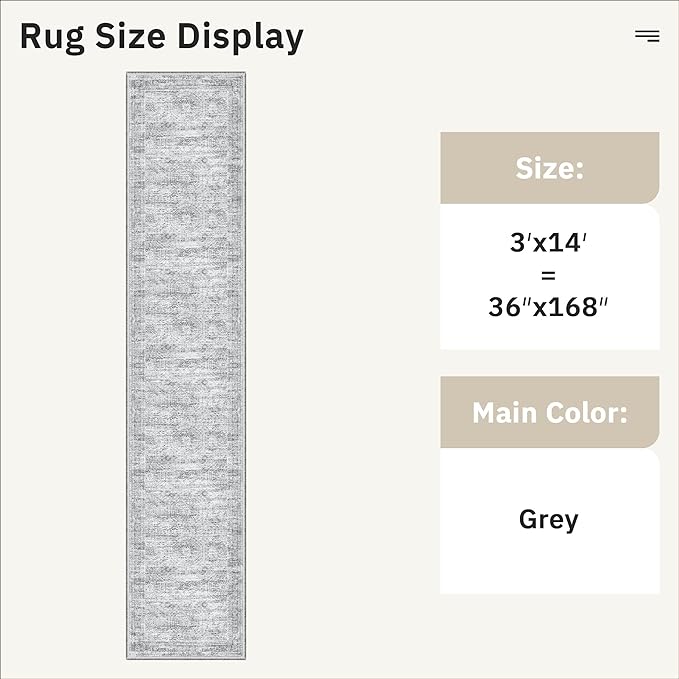 Hallway Runner 3x14 - Runner Rugs 14ft Washable Entryway Rug Vintage Kitchen Runners Non Slip Indoor Rug Farmhouse Carpet Runner for Bathroom Living Room Bedroom, Grey