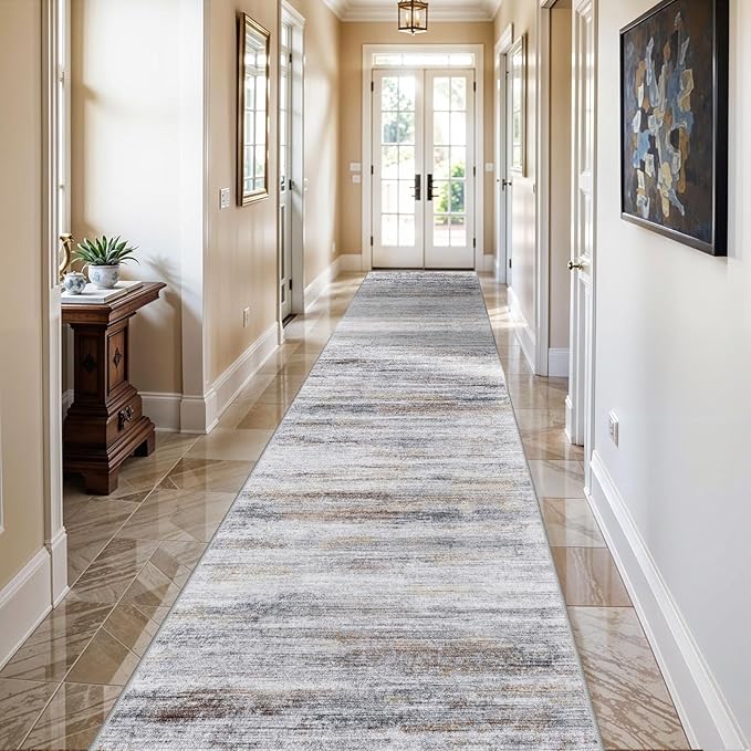 2'6''x10' Washable Runner Rugs for Hallway: Easy-to-Clean Abstract Runners for Entryway Bedroom - Stain and Water Resistant Rugs with Non-Slip Backing - Soft Low-Pile Carpet Beige Grey