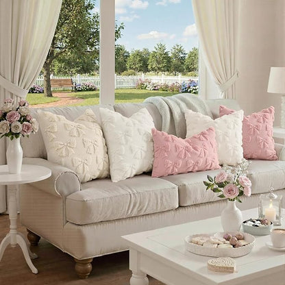 decorUhome Pink Bow Pillow Covers Set of 2 Coquette Aesthetic Cute Preppy Plush Faux Pillowcases for Girly Bedroom or Couch 12x20 Inch