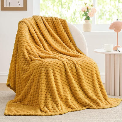 BEDELITE Fleece Blanket Twin Size for Bed Couch, 3D Jacquard Decorative Mustard Yellow Throw, Soft and Cozy Warm Plush Fuzzy Blanket All Seasons Suitable, 60x80Inches