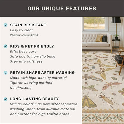Hazo Haus Boho 2x5 Long Bathroom Rug - Laundry Room Rug Runner for Kitchen, Washable Non Slip Soft Stain Reistant Beige and Yellow Neutral Insect Design Decor