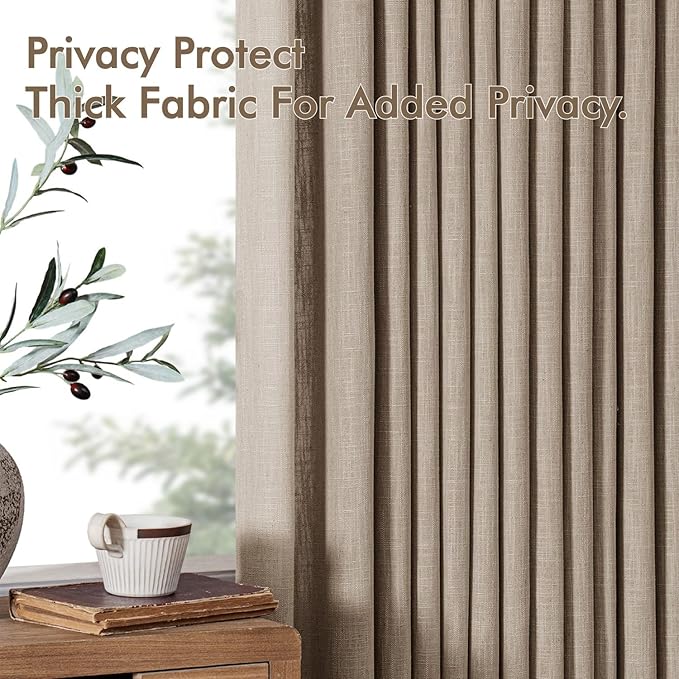 MIULEE Pinch Pleated Thick Linen Curtains 90 Inches Long 2 Panels for Living Room Bedroom, Linen Textured Memory Trained Pleat Drapes Back Tab Light Filtering Grey Beige Window Curtains with Hooks