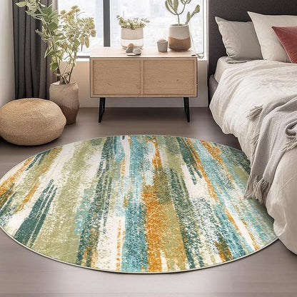 Lansny Modern Abstract Round Rug 6Ft, Green Mustard Multi Washable Non-Slip Circle Rug, Soft Circular Dining Room Rug Thin Print Faux Wool Carpet for Bedroom Living Room Office Playroom