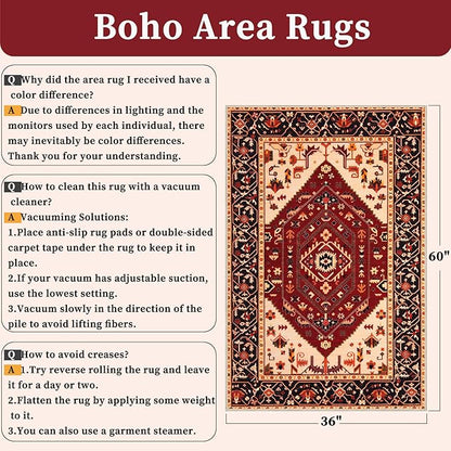 SERISSA Area Rug 3x5 Boho Rugs for Bedroom, Washable Non-Slip Living Room Rug, Ultra Soft Print Distressed Vintage Red Black Rug Low-Pile Throw Carpet for Entry Kitchen Bedroom Nursery Dorm Decor