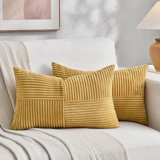 Fancy Homi 2 Packs Mustard Yellow Lumbar Decorative Throw Pillow Covers 16x28 Inch for Living Room Couch Bed, Rustic Farmhouse Boho Home Decor, Soft Striped Corduroy Rectangle Accent Cushion Case