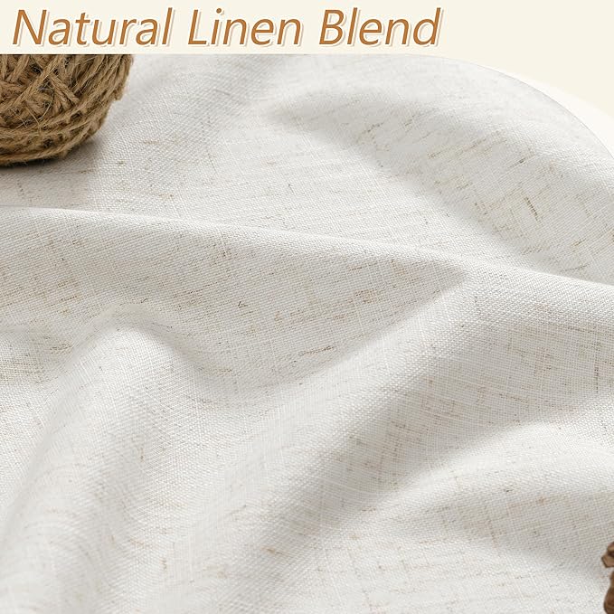 Beige White 100% Blackout Linen Curtains 120 Inch Length 2 Panels Set for Living Room Bedroom Back Tab Thermal Insulated Black Out Drapes Room Darkening Farmhouse Style for Bedroom Window Curtains