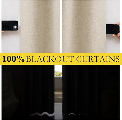 NICETOWN Cream 100% Blackout Short Curtains 63 inches Lenghth Burg for Kitchen, 2 Panels, Burlap Linen Drapes with Thermal Insulated Grey Liner, Keeping Out Cold Air and Heat Panels