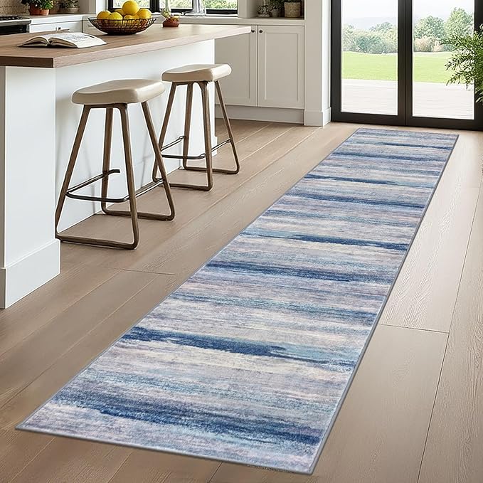KOZYFLY Modern Abstract Kitchen Runner Rug, 2x10 Washable Rug Runner Non-Slip Soft Striped Hallway Runner Rugs, Blue/Grey/Beige Print Carpet Runner for Entryway Bathroom Laundry Room Foyer
