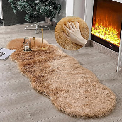 linmopm Faux Fur Rug Sheepskin Shag Fluffy Fuzzy Beige 2x6 ft Runner Rugs for Bedroom Bedside Bed Floor Living Room Plush High-Density Cushion Carpet Super Sofa Cover