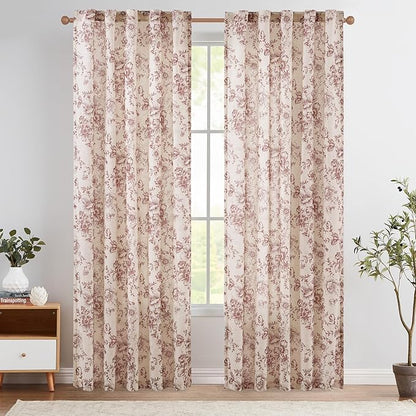 jinchan Linen Blend Curtain Floral Curtains for Living Room 90 Inch Length Farmhouse Brick Red Printed Curtain Rod Pocket Back Tab Peony Flower Patterned Drapes Curtains Set 2 Panels