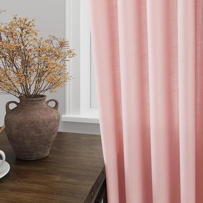 Nanspring Pink Linen Curtains 102 Inches Long Rod Pocket Back Tab Drapes 2 Panels Set for Kids Light Filtering Semi Sheer Pink Curtain 102 Length for Patio Door Bedroom 52x102