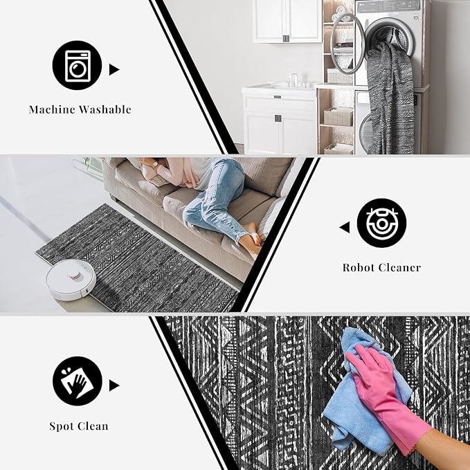2x8 Washable Kitchen Runner Rug: Modern Moroccan Runners for Hallway Soft Non Slip Rugs with Rubber Backing Low Pile Thin Waterproof Floor Carpet for Entryway Bedroom Bathroom Indoor 2x8 Black