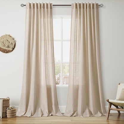 Nanspring Grey Flax Curtains 90 Inch Length 2 Panels Set for Living Room Linen Blend Light Filtering Mordern Boho Sheer Curtain Back Tab and Rod Pocket Neutral Drapes for Bedroom Office 52x90