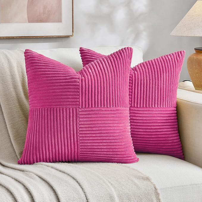 Fancy Homi 2 Packs Hot Pink Big Decorative Throw Pillow Covers 24x24 Inch for Living Room Couch Bed, Rustic Farmhouse Boho Home Decor, Soft Corss Corduroy Patchwork Accent Square Cushion Case 60x60 cm