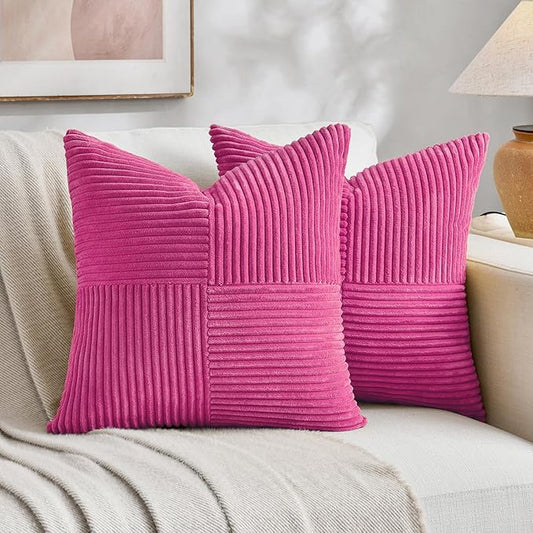 Fancy Homi 2 Packs Hot Pink Decorative Throw Pillow Covers 16x16 Inch for Living Room Couch Bed Sofa, Rustic Farmhouse Boho Home Decor, Soft Corss Patchwork Corduroy Textured Cushion Case 40x40 cm