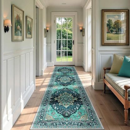 RELEANY Area Rugs 3'x9' Runner Rug Non Slip Washable for Kitchen Hallway Bedroom Beside Laundry Room Bathroom Rug, Floor Carpet, Teal Green Lake Blue Turquoise