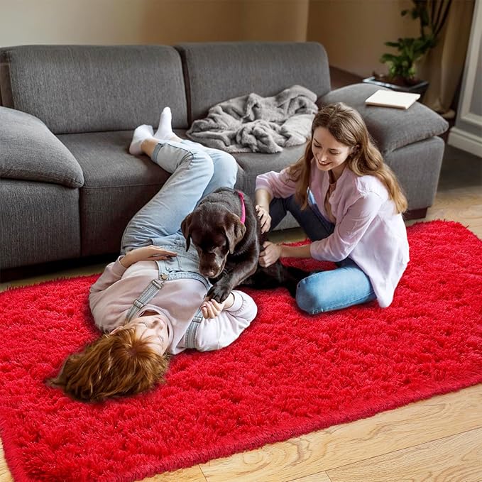 Pionblank Fluffy Runner Rugs for Bedroom 2x6, Modern Shaggy Area Rug for Hallway Living Room, Plush Soft Fuzzy Bedside Carpet for Kids Girls Boys Room Nursery Decor, Red