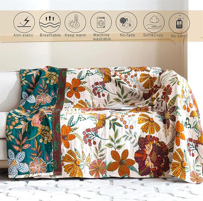 MSGKV Spring Throw Blanket for Couch, 100% Cotton Muslin Breathable Woven Bed Throws 60''x80'' Boho Vintage Quilt for All Seasons Lightweight Farmhouse Blankets Home Decoration