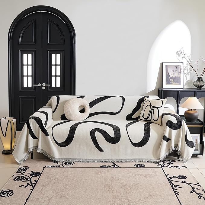 MYSKY HOME Boho Couch Cover Super Soft Couch Covers for 2-3 Cushion Couch Sofa, Modern Black Jacquard Sofa Slipcover Loveseat Futon Cover, Couch Covers for Sectional Sofa, 71" x 118", Black Curve