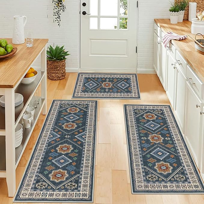 HEBE Boho Kitchen Rug Sets 3 Piece with Runner Non Slip Kitchen Rugs and Mats Washable Kitchen Mats for Floor Thick Kitchen Floor Mat Carpet Runner Rugs for Hallway Laundry Holiday Decor