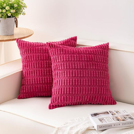 Pack of 2 Corduroy Decorative Throw Pillow Covers 20x20 Inch Soft Striped Pillow Covers Modern Farmhouse Home Decor for Sofa Living Room Couch Bed（Rose Red）
