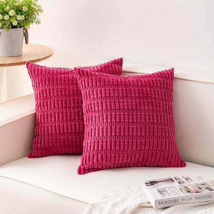 Pack of 2 Corduroy Decorative Throw Pillow Covers 18x18 InchSoft Boho Striped Pillow Covers Modern Farmhouse Home Decor for Sofa Living Room Couch Bed（Rose Red）
