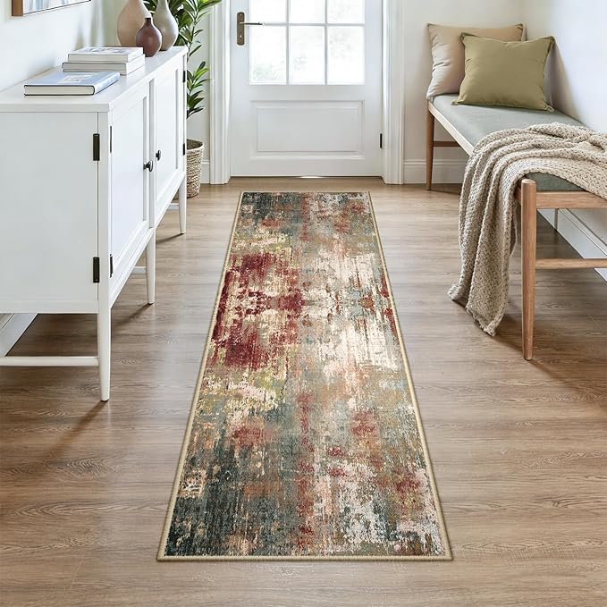 Washable Area Rugs 2x7 Non-Slip Modern Abstract Soft for Living Room Entryway Bedroom Nursery, Print Pattern, Brown Rust Red Green Blue Multi