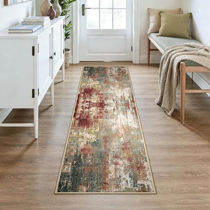 Washable Area Rugs 2x7 Non-Slip Modern Abstract Soft for Living Room Entryway Bedroom Nursery, Print Pattern, Brown Rust Red Green Blue Multi