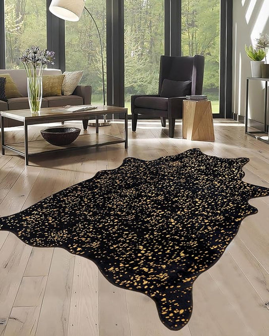 Black and Gold Cow Hide Rug: Fluffy Faux Fur Cowhide Cow Print Rug for Living Room Bedroom 5.2x7 Feet - Animal Print Skin Western