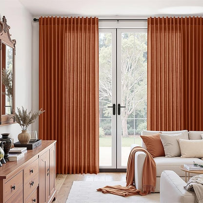 Nanspring Extra Wide Linen Curtains for Living Room 90 Inches Long Terracotta Light Filtering Semi Sheer Boho Farmhouse Curtain for Bedroom Office Luxury Back Tab and Rod Pocket 100x90, 2 Panels