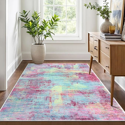 IOHOUZE Abstract Area Rug 4x6 Ft Washable Rugs for Entryway Indoor, Non Slip Small Living Room Rugs Printed Faux Wool Throw Rug, Floor Carpet for Kitchen Nursery Playroom, Pink Teal