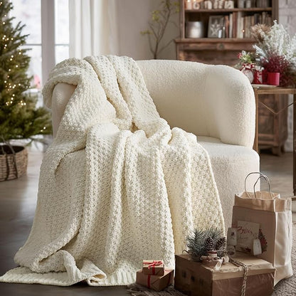 EVERGRACEHOME Chunky Chenille Knit Throw Blanket for Couch, Soft Luxurious Moss Stitch Blankets for Bed, Cozy Decorative Farmhouse Knitted Throws for Sofa, Ivory White, 60" x 80"