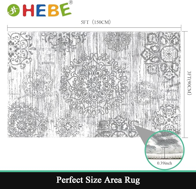 HEBE Washable Area Rug - 3'x5' Non Slip Soft Distressed Medallion Bedroom & Living Room Accent Throw Vintage Entry Floor Carpet for Dining Room & Bathroom Entryway