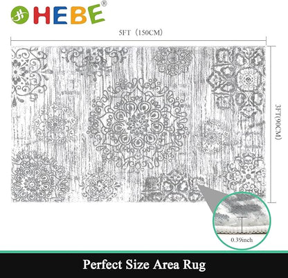 HEBE Washable Area Rug - 3'x5' Non Slip Soft Distressed Medallion Bedroom & Living Room Accent Throw Vintage Entry Floor Carpet for Dining Room & Bathroom Entryway