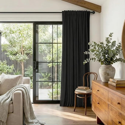 100% Blackout Shield Linen Blackout Curtains for Bedroom 84 Inches Long, Back Tab/Rod Pocket Living Room Drapes, Thermal Insulated Blackout Curtains 1 Panel Set, 100" W x 84" L, Black