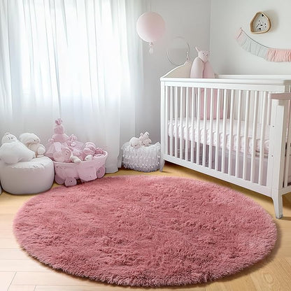 ONASAR Blush Round Rugs 6ft for Living Room Bedroom, Fluffy Circle Area Rug for Kids Girls Boys Teen, Soft Plush Shaggy Carpet for Nursery Dorm Classroom Playroom Home Decor Aesthetic