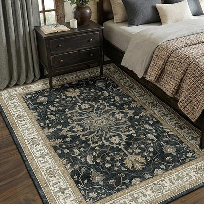Area Rugs 5'x7' Washable Non-Slip, Floral Vintage Distress Print Pattern Medallion Carpet for Living Room Bedroom Dining Room, Vintage Black Brown Neutral