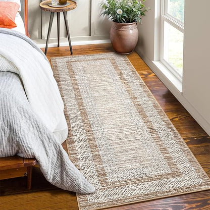 Washable 2.5x10 Kitchen Runner Rug, Easy Clean Geometri Rugs for Hallway Entryway, Indoor Outdoor Non Slip Rug Farmhouse Morden Carpet Door Mat Area Rug for Laundry Room Brown