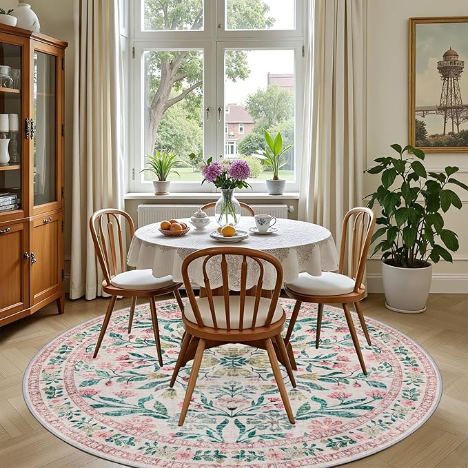 Round Area Rug for Living Room: 6 ft Floral Washable Circle Rug Soft Boho Non-Slip Carpet Indoor Stain Resistant Low Pile Small Circular Rug for Bedroom Entryway Kitchen Nursery Home Office Pink Green