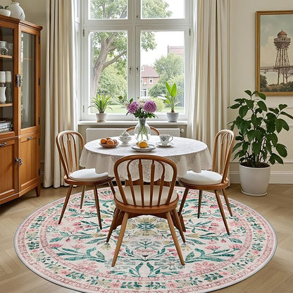Round Area Rug for Living Room: 6 ft Floral Washable Circle Rug Soft Boho Non-Slip Carpet Indoor Stain Resistant Low Pile Small Circular Rug for Bedroom Entryway Kitchen Nursery Home Office Pink Green