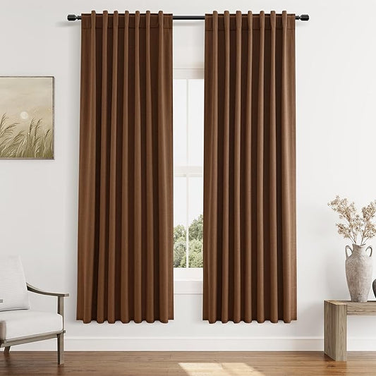 Guken Caramel Brown 100% Blackout Linen Curtains 72 Inch Length 2 Panels Set for Living Room Bedroom Back Tab/Rod Pocket Thermal Insulated Black Out Drapes Room Darkening Farmhouse Window Curtains