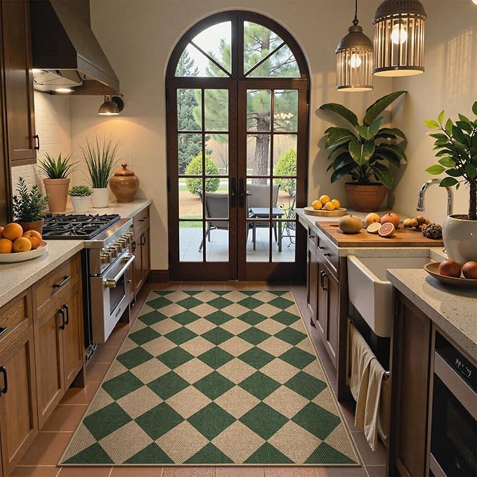 Lahome Colette Checkered Outdoor Patio Easy Jute Rug, 3x5 Dark Green Washable Front Porch Door Rug, Farmhouse Indoor Outdoor Carpet Non Slip Non Shedding Carpet for Entryway Living Room Deck