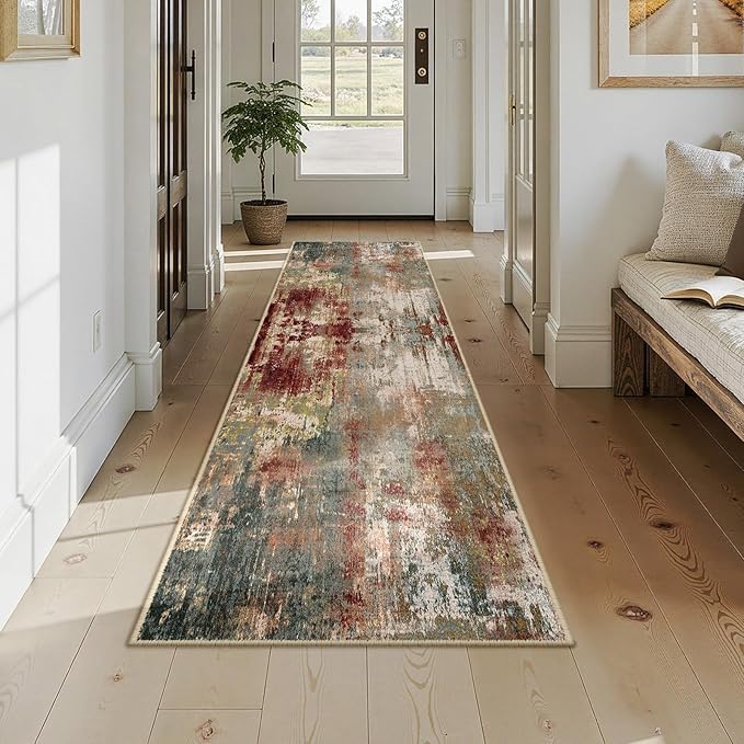 Washable Area Rugs 2x9 Non-Slip Modern Abstract Soft for Living Room Entryway Bedroom Nursery, Print Pattern, Brown Rust Red Green Blue Multi