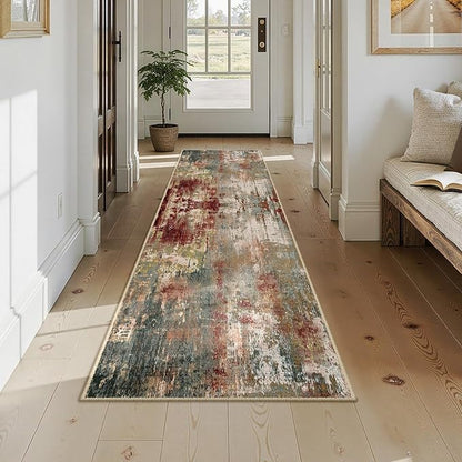 Washable Area Rugs 2x9 Non-Slip Modern Abstract Soft for Living Room Entryway Bedroom Nursery, Print Pattern, Brown Rust Red Green Blue Multi