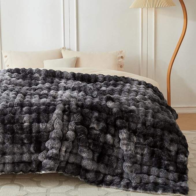 COOVA Faux Fur Throw Blanket for Couch, Cozy Soft and Fuzzy Plush Rabbit Fur Bubble Blanket for Sofa Bedroom Living Room, 60x80 Inches Tie Dye Black