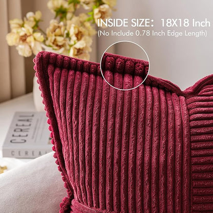 MIULEE Decorative Throw Pillow Covers for Couch Bed Livingroom 18x18 Inch Set of 2 Burgundy Boho Accent Throw Pllows Broadside Striped Patchwork Soft Corduroy Pillowcases