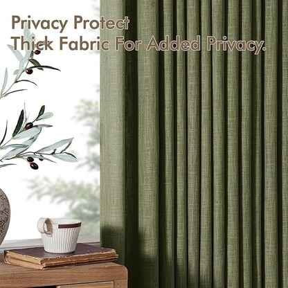 MIULEE Olive Green Pinch Pleated Linen Curtains 96 Inches Long 2 Panels for Living Room Bedroom, Linen Texture Memory Trained Drapes Back Tab Semi Sheer Moss Green Window Curtains with Hooks&Rings