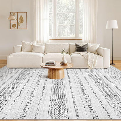 Nakagishi Area Rugs 8x10 Living Room: Washable Boho Large Neutral Soft Farmhouse Rug Stain Resistant Modern Geometric Non-Slip Indoor Carpet for Bedroom Nursery Kids Playroom Office Dining Room- Grey