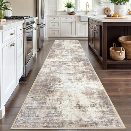 IOHOUZE Abstract Runner Rug 3x12 Ft Washable Runners for Hallways, Non Slip Kitchen Runner Printed Faux Wool Entryway Runner Indoor, Modern Abstract Floor Carpet for Hall Kitchen, Beige Brown